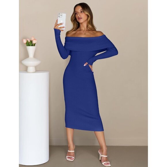 Merokeety Women's Royalblue Off Shoulder Long Sleeve Elegant Bodycon Midi Dress - Picture 7 of 9